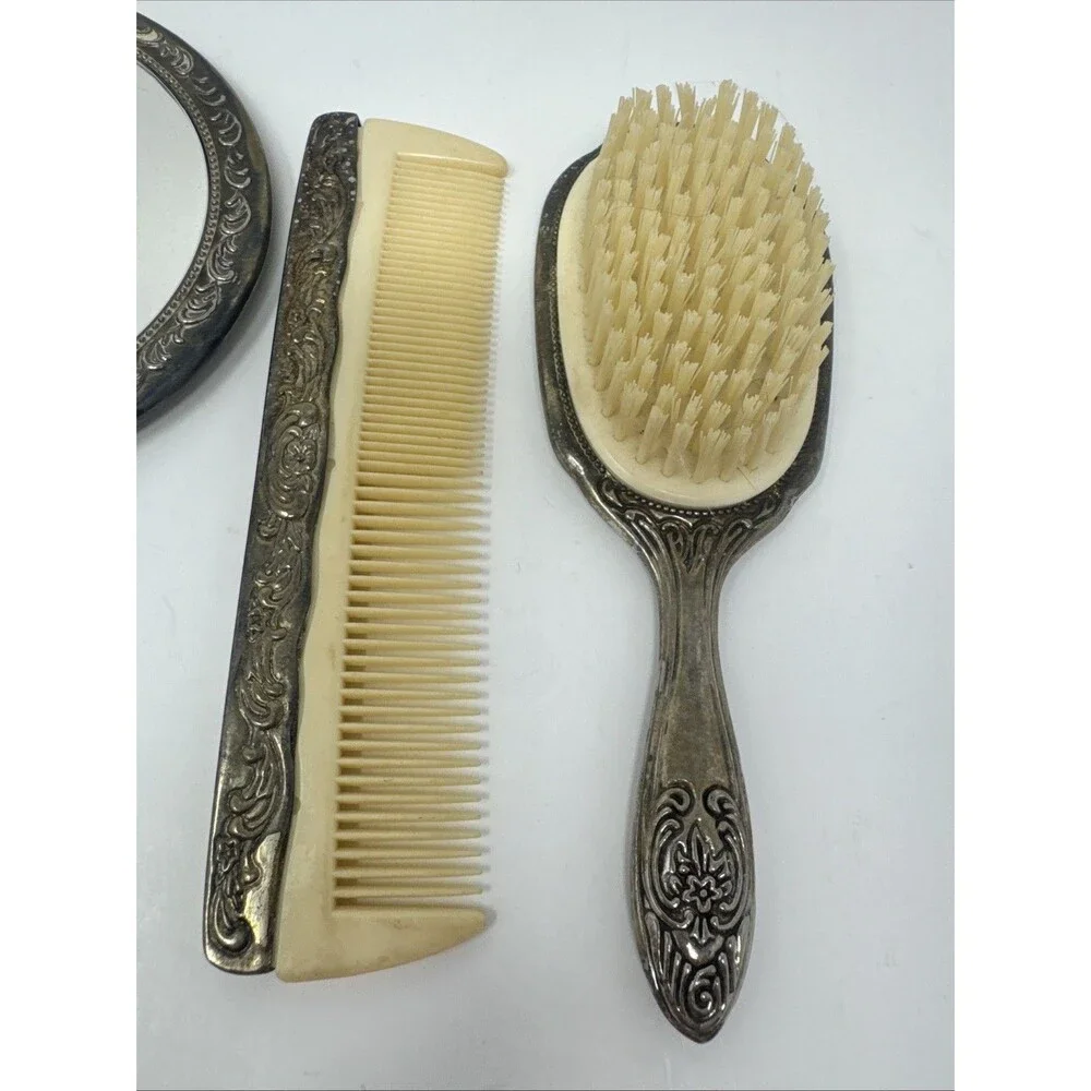Silver Plated Vanity Set Vtg Hand Mirror Hair Brush Comb Victorian Art Nouveau
